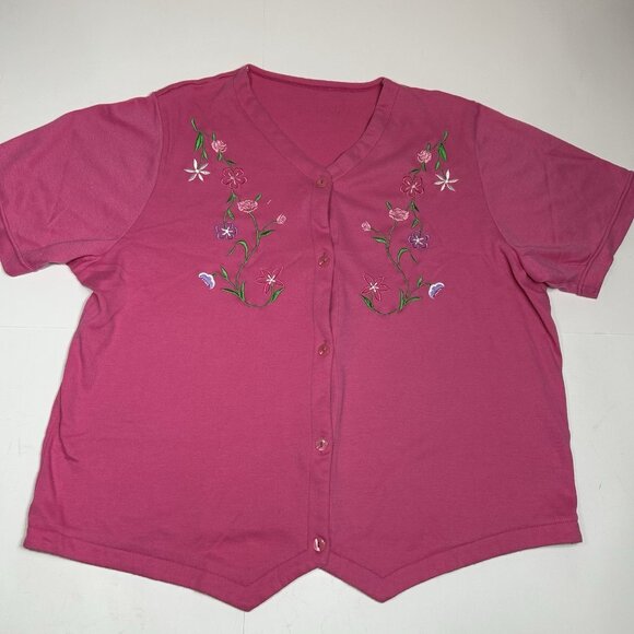 BRIDGE GATE Women Pink Short Sleeve Button Up Top Embroidered Floral VNeck Sz 2X - Picture 3 of 5